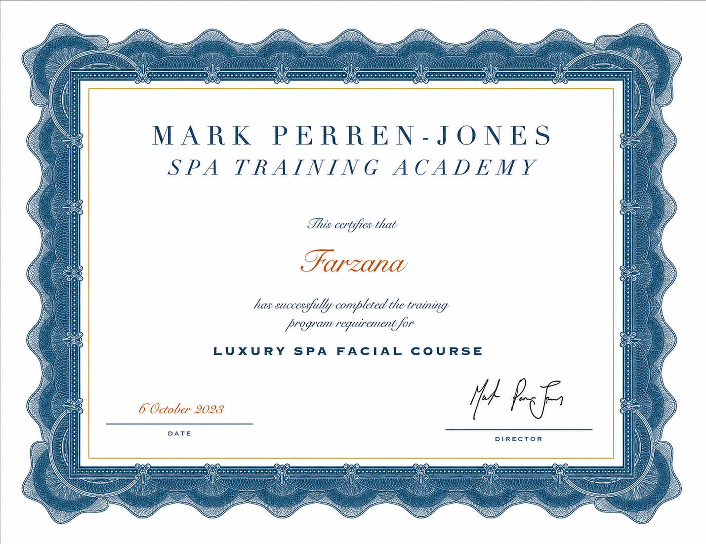 Mark Perren-Jones Spa Training Academy Luxury Spa Facial certificate awarded to Farzana