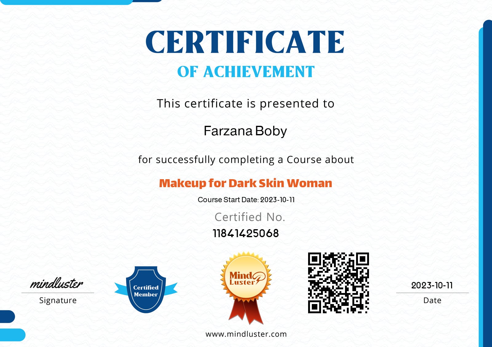 MindLuster Makeup for Dark Skin Woman course certificate awarded to Farzana Boby