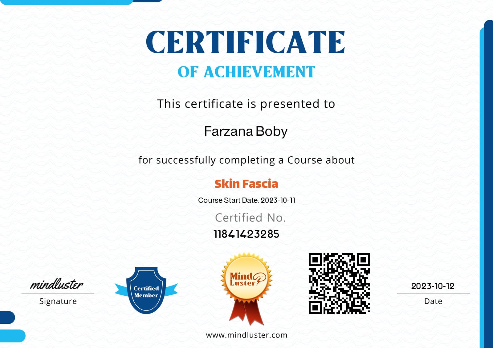 MindLuster Skin Fascia course certificate awarded to Farzana Boby