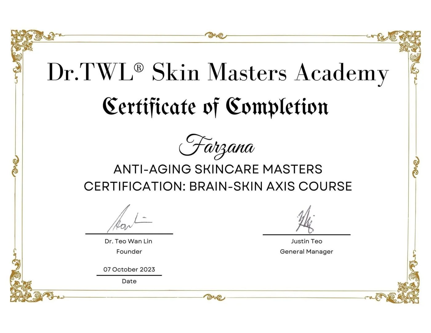 Dr.TWL Skin Masters Academy anti-aging certificate
