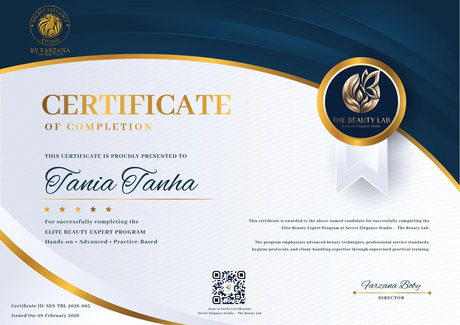 Certificate — Tania Tanha