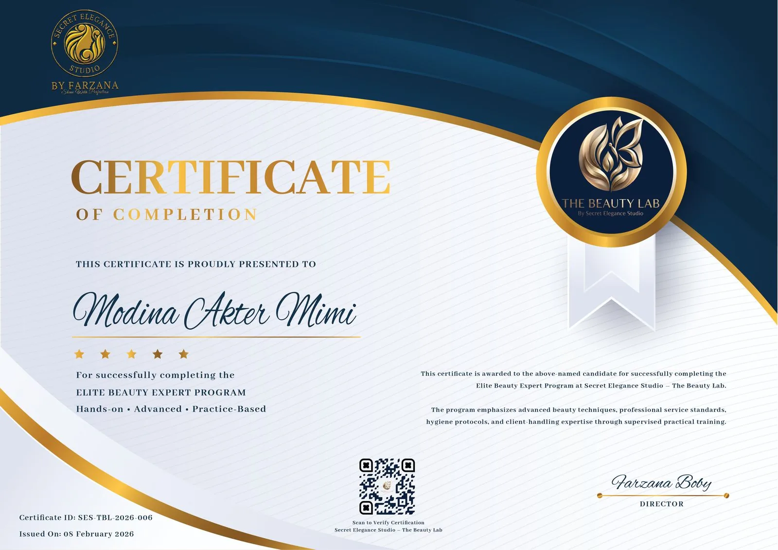Certificate — Modina Akter Mimi